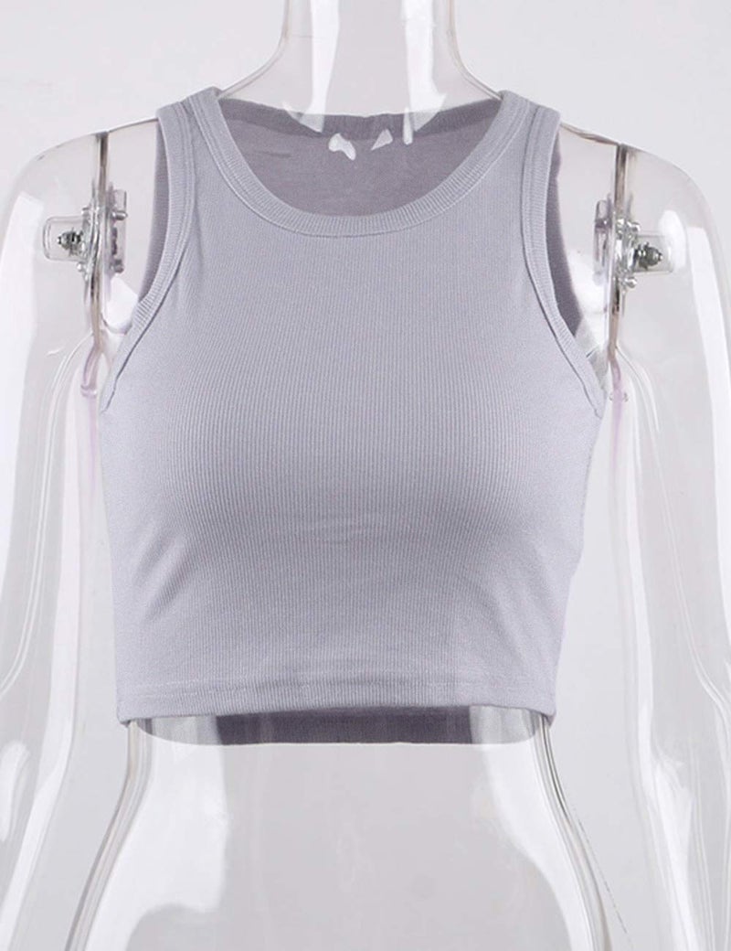 Meladyan Women's Round Neck Basic Racerback Camisole Rib-Knit Solid Sleeveless Crop Tank Tops (Medium, Grey) - Image 3